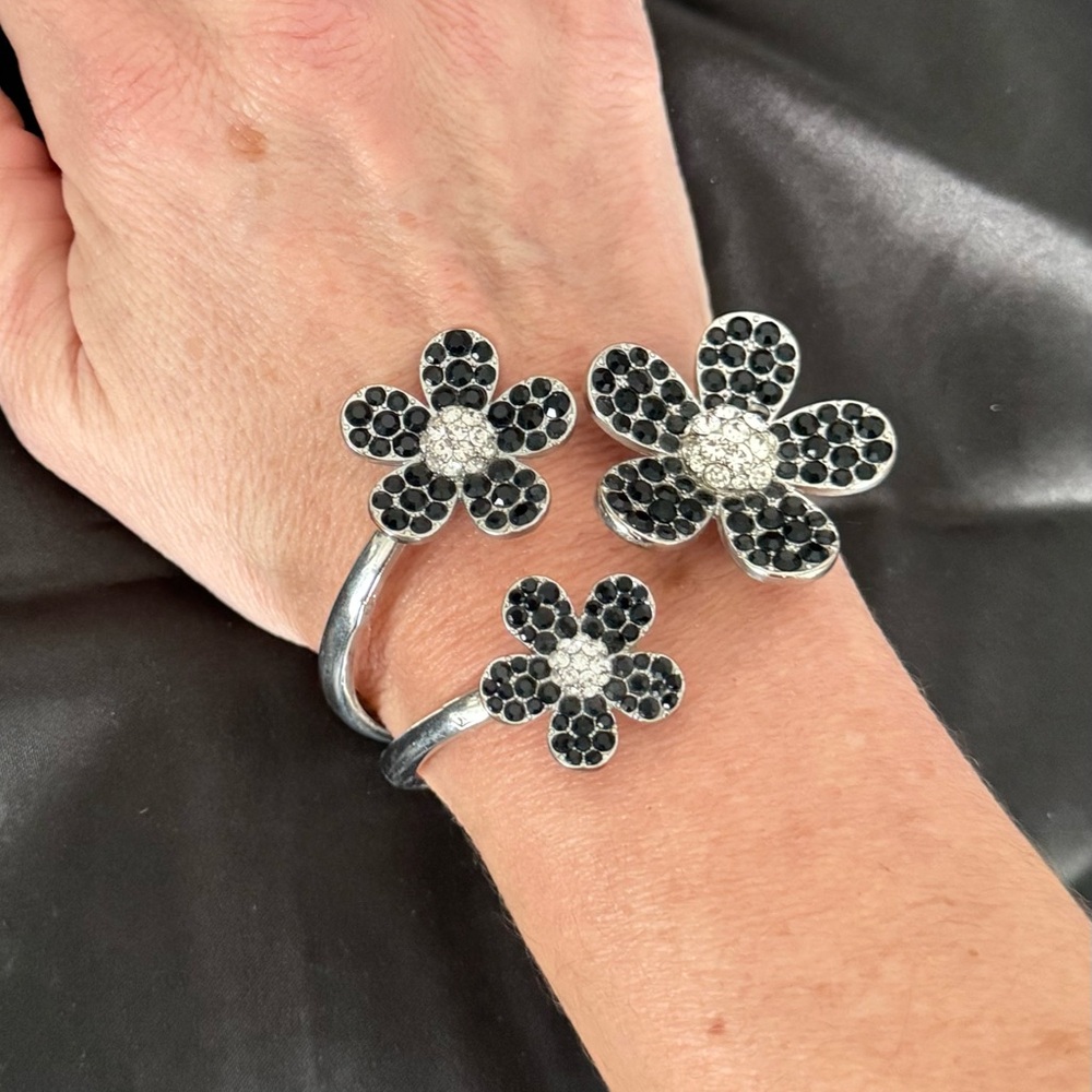 Black and Silver Floral Bangle Bracelet